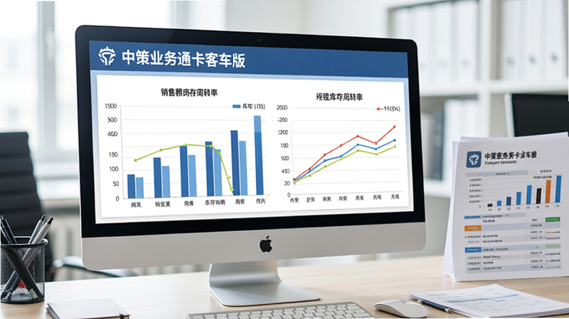 一张“中策业务通卡客车版”数据报表界面,屏幕显示柱状图和折线图,展示销售额和库存周转率,背景为办公桌上的电脑和纸质报表,商业风格,光线明亮,细节清晰,画质高清