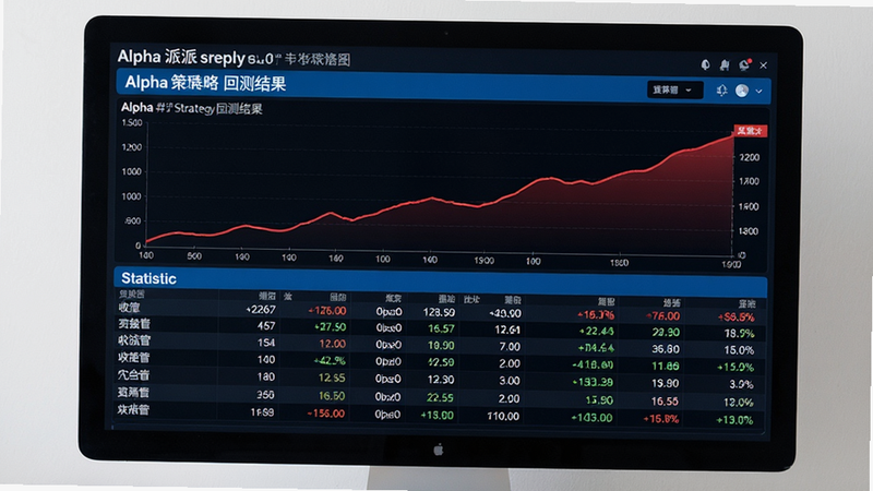 主体:电脑屏幕显示Alpha派策略回测结果页面,包含收益曲线与统计表格。布局:屏幕居中,背景为深色,曲线为红色上升走势。排版:数据表格整齐,指标数值突出显示。风格:专业金融风格,蓝黑配色,细节丰富,画质清晰,干净无多余元素。