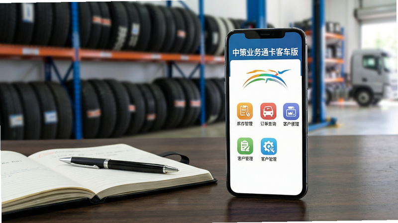 一张智能手机屏幕特写,屏幕清晰显示“中策业务通卡客车版”主界面,界面包含库存管理、订单查询、客户管理等彩色图标,手机放置在深色木质桌面上,旁边放着一本翻开的工作笔记本和一支笔,背景是模糊的轮胎门店货架,画面干净,商业风格,高清,光线明亮,细节丰富
