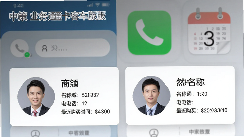 一张“中策业务通卡客车版”客户管理界面截图,界面以卡片形式展示客户头像、名称、电话、最近购买时间,背景为手机通讯录和日历图标,色彩搭配舒适,商务风格,画面干净,高清