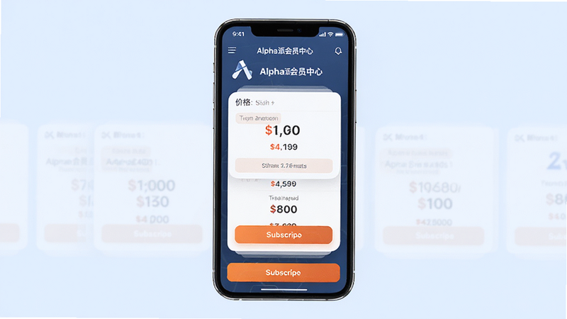 主体:手机屏幕显示Alpha派会员中心页面,包含价格列表与订阅按钮。布局:手机居中,背景为淡蓝色,价格卡片横向排列。排版:价格突出显示,按钮为橙色。风格:商务简洁,细节完整,画质高清,干净无多余元素。
