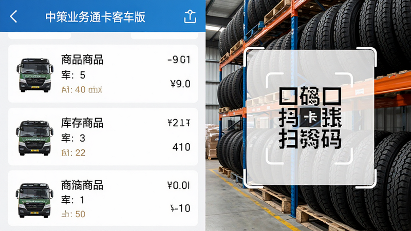 一张“中策业务通卡客车版”手机界面截图风格图片,左侧显示商品列表和库存数量,右侧显示扫码框,背景为仓库货架,货架上整齐码放着卡客车轮胎,图片风格写实,界面UI清晰,色彩鲜明,画质高清,无多余元素