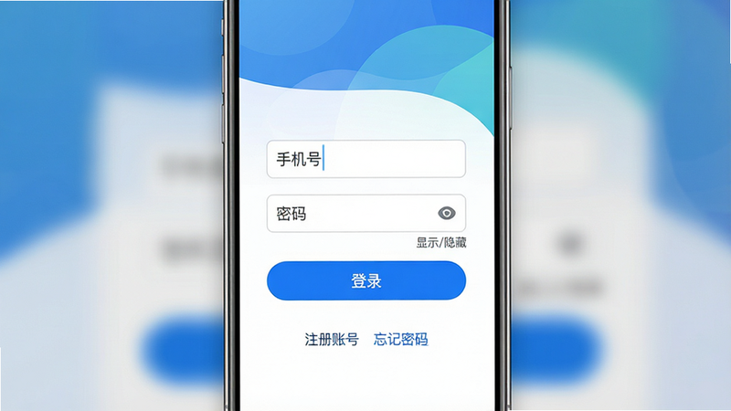 主体:一部智能手机屏幕特写,显示葱米教师版的登录页面,页面中央有“手机号”和“密码”输入框,下方有一个蓝色的“登录”按钮,背景是简洁的抽象渐变图形。布局:手机居中,屏幕内容清晰,背景虚化处理。排版:登录表单居中,按钮醒目。风格:现代扁平化UI设计,颜色以蓝色和白色为主。细节:密码框有“显示/隐藏”小眼睛图标,页面底部有“注册账号”和“忘记密码”的文字链接。画质:高清晰度,干净,无多余元素。