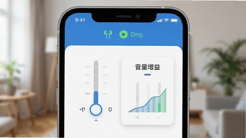 耳机助听器软件主界面预览图,展示简洁的调节滑块与音量增益面板,手机顶部显示耳机连接状态,整体风格现代扁平,以蓝白为主色调,背景虚化室内环境,画质干净,无多余元素。