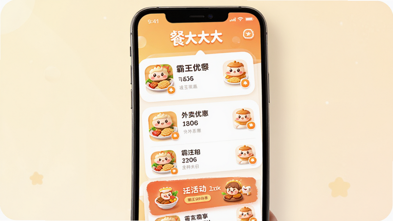 �ʹ��Ӧ��������չʾ���ֻ���Ļ��ʾ���������Ż��б�������ͻ��ڣ����������¼�࣬ͼ��Բ��ɰ���ɫ��������ů������Ϊǳɫ���䣬ͻ�����ʹ��Ʒ�����������岼�ֹ��������������ɾ����޶���Ԫ��