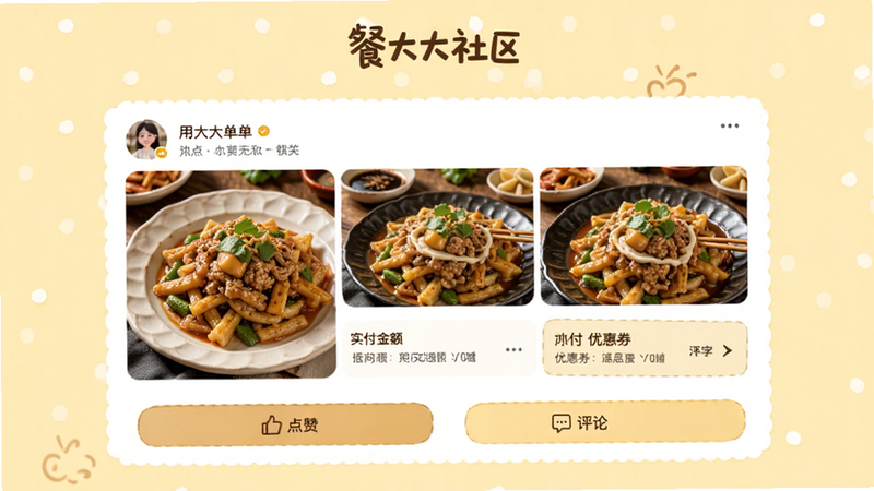�ʹ������ҳ�棬��Ļչʾ�û�ɹ�����ݣ�������ʳ��Ƭ��ʵ�������Ż�ȯ��ͼ���·��е��޺����۰�ť������Ϊǳ��ɫ�������ܰ�������������޶���Ԫ��