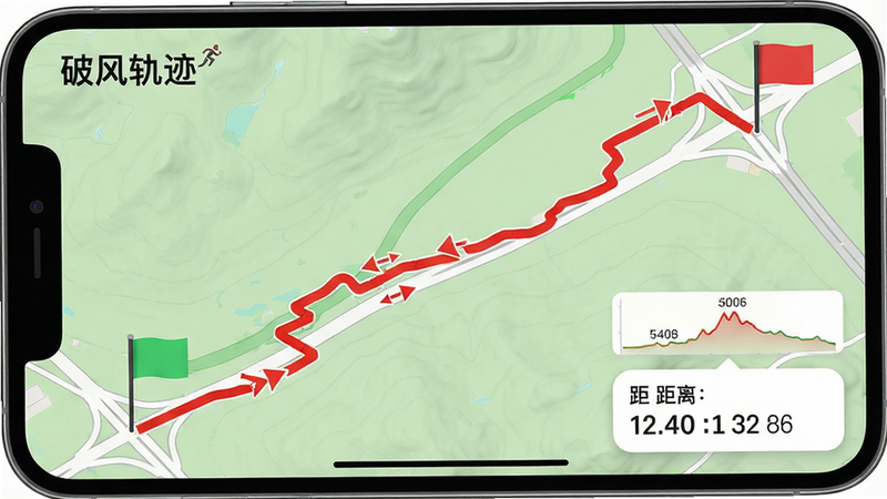 ���壺�Ʒ�APP�Ĺ켣��¼������д���ֻ�������ʾ��ͼ�ϵ����ۺ�ɫ�켣�ߡ����֣���ͼռ��������Ļ���켣�ߴ���Ļ���½����������Ͻǣ��������ɫ���ģ��յ��к�ɫ���ġ��Ű棺���Ͻ���ʾ���Ʒ�켣�����������½��о�����ʱ�����ݸ��������дʵ��ͼ��񣬵�·����������Ϊ����ɫ���Ρ�ϸ�ڣ��켣�ߴ��м�ͷ������;�к��θ߶ȱ仯����ͼ�����ʣ��������ȣ��ɾ�������Ԫ�ء�