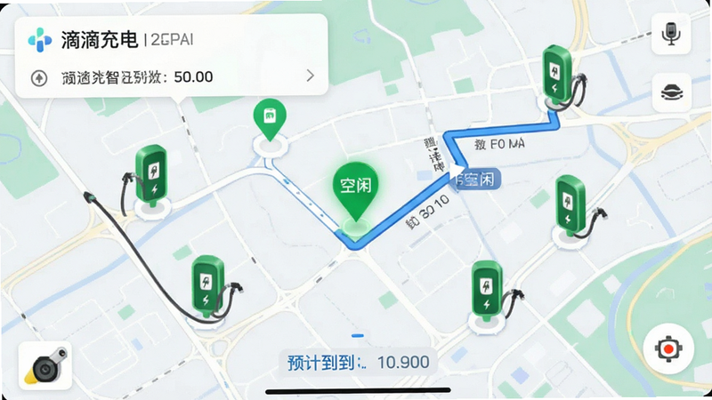 一张展示滴滴充电智能找桩功能的界面截图,主体为地图导航页面,分布多个绿色充电桩标记,其中一个标记显示“空闲”状态,布局合理,排版清晰,采用现代科技风格,细节包括路线规划线条与预计到达时间,画质高清,干净无多余元素,文字标注“滴滴充电”