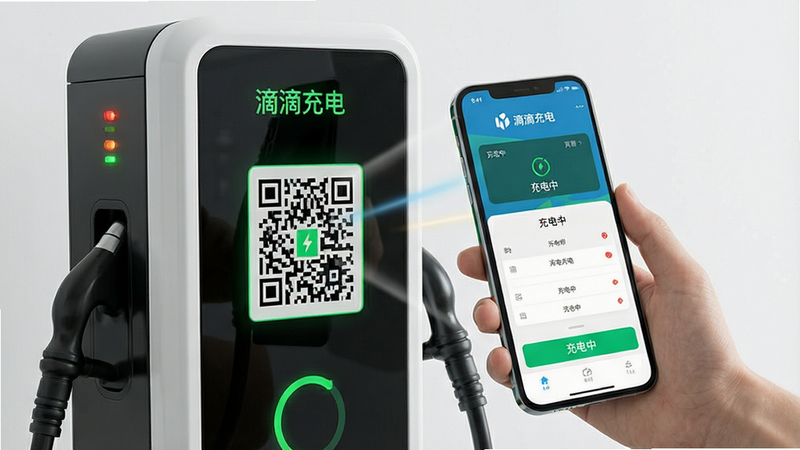 一张展示滴滴充电扫码充电流程的示意图,主体为手机扫描充电桩二维码的场景,手机屏幕显示充电启动页面,布局简洁,排版直观,采用写实风格,细节包括充电桩指示灯与手机界面上的“充电中”状态,画质干净,无多余元素,文字标注“滴滴充电”