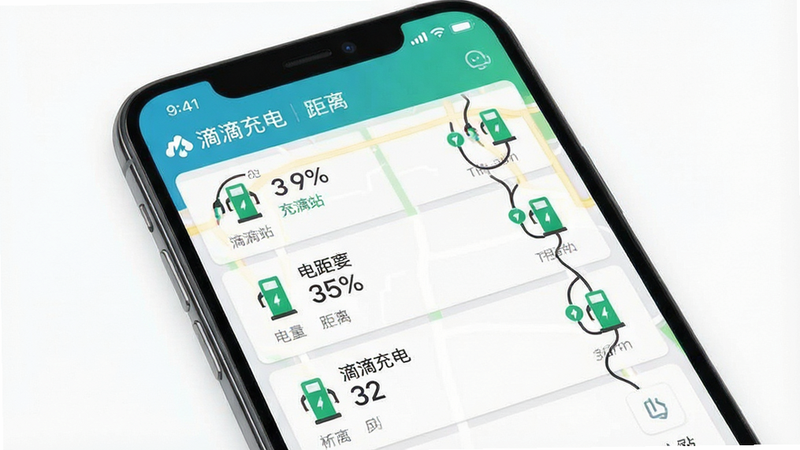 一张展示滴滴充电App主界面的高清截图,主体为智能手机屏幕,屏幕内显示充电站地图列表与绿色充电桩图标,布局清晰,排版整洁,采用扁平化UI设计风格,细节包括电量百分比与距离标识,画质细腻,干净无多余元素,文字标注“滴滴充电”