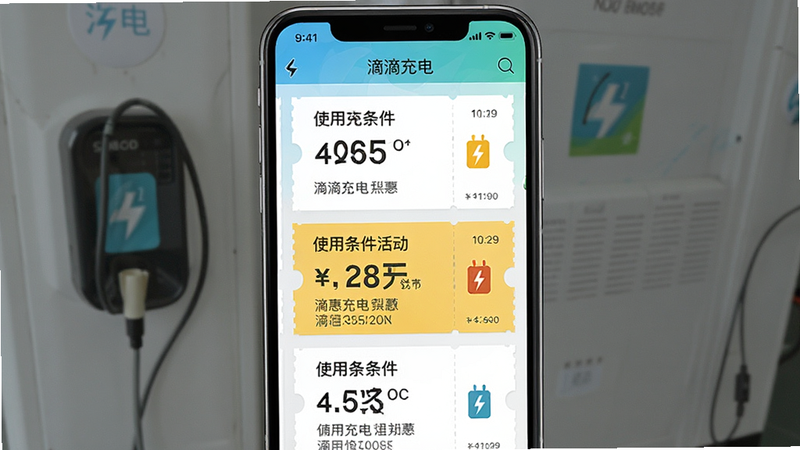 一张展示滴滴充电优惠活动页面的截图,主体为手机界面展示多个优惠券卡片,布局整齐,排版美观,采用明亮色调,细节包括折扣数字与使用条件说明,画质清晰,干净无多余元素,文字标注“滴滴充电”