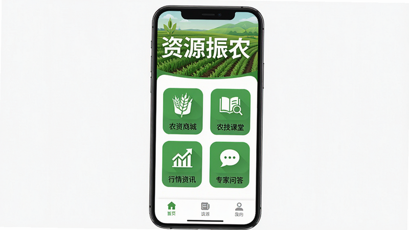 ͼƬ����Ϊ�����ֻ���Ļչʾ����Դ��ũ�������棬���涥������ɫũ�ﱳ���͡���Դ��ũ����ɫ���ֱ��⣬�в��������С�ũ���̳ǡ���ũ�����á���������Ѷ����ר���ʴ��ĸ�ͼ�꣬�ײ�Ϊ�����������ֲ����������У��Ű������������Ϊ��ƽ����ƣ�ɫ������ɫ�Ͱ�ɫΪ����ϸ�ڰ���ͼ���ϵ�С���鱾��ͼ�����Ի����ݵ�Ԫ�ء����ʸ��壬����ɾ����޶���Ԫ�ء�