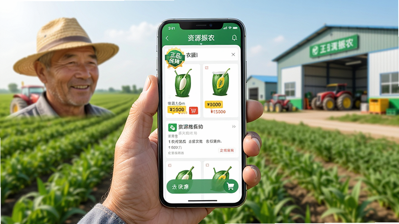 ͼƬ����Ϊһλũ���ֳ������ֻ��鿴����Դ��ũ��APP�е�ũ����Ʒ�б�������Ϊũ���ũ�ʲֿ⡣���ֲ��öԳƹ�ͼ���ֻ���Ļ��ʾ��ƷͼƬ�ͼ۸��ǩ�����Ϊдʵ��Ӱ��ɫ��������Ȼ��ϸ�ڰ�����Ļ�ϵġ���Ʒ���ϡ����¡���Ʒ����ҳ�����ﳵͼ�ꡣ���ʸ��壬����ɾ����޶���Ԫ�ء�