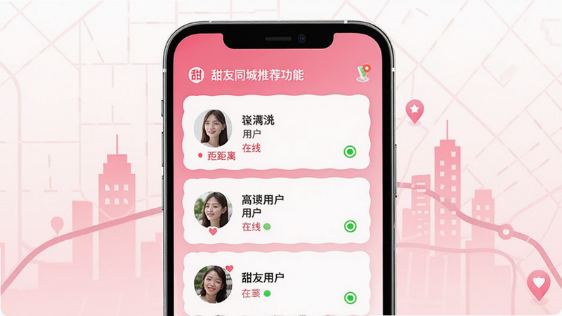 甜友同城推荐功能示意图,手机屏幕显示附近用户列表,带有距离标签和在线状态,背景是简约的城市地图轮廓,界面以粉色渐变为主,卡片式布局,画质清晰,无多余元素