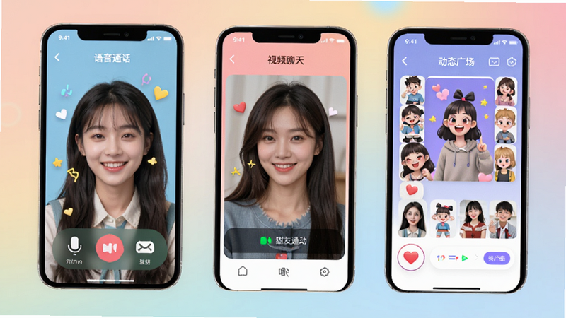 甜友互动玩法展示图,包含语音通话、视频聊天和动态广场的界面拼接,每个模块都有示例内容,背景为柔和渐变,整体风格活泼,画质清晰,无多余元素