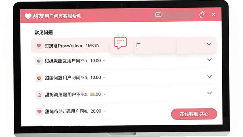 甜友用户问答客服帮助界面,显示常见问题列表和在线客服按钮,界面简洁,以粉色和白色为主,画质清晰,无多余元素