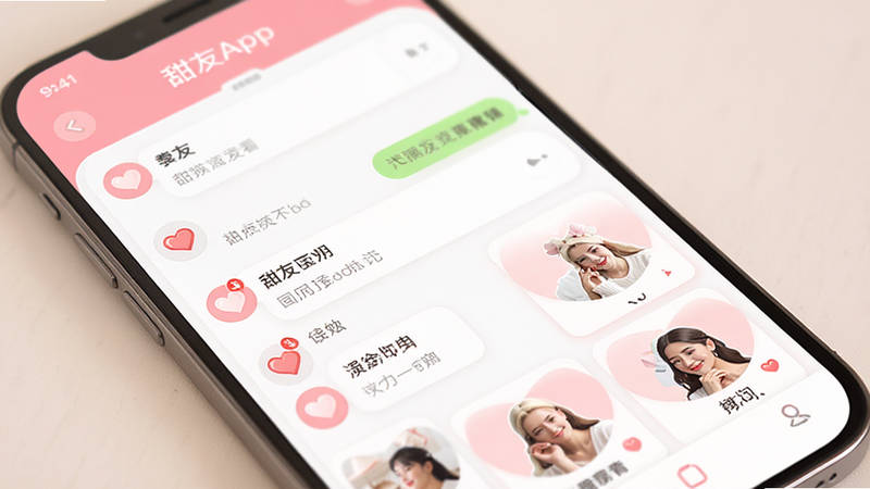 甜友App主界面预览图,展示手机屏幕上的聊天列表和推荐用户卡片,界面以粉色和白色为主色调,圆角卡片设计,背景干净,光线柔和,整体风格清新温暖,画质清晰,无多余元素