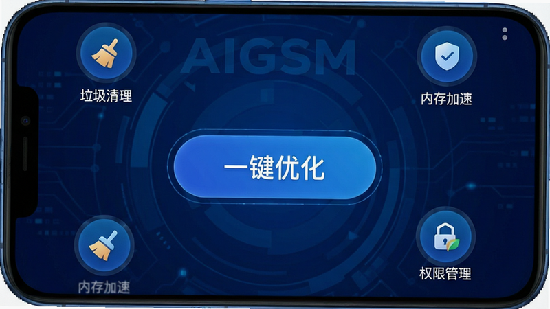 һ�Ÿ���������ֻ���Ļ��ͼ��չʾAIGSMӦ�õ������棬������Ƽ���ִ�����������ɫ�Ƽ������⣬������ʾ��һ���Ż�����ť�����ܻ����š����������������ڴ���١�����Ȩ�޹�������Բ�ι���ͼ�꣬�������������ʸɾ����޶���Ԫ��