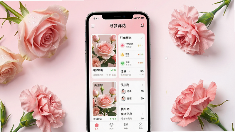 主体:一部亮屏的智能手机,屏幕上清晰显示“寻梦鲜花”应用主界面,界面中有鲜花列表、订单状态、供应商信息等板块。布局:手机位于画面中央,背景为柔和的粉白色渐变,周围点缀几朵新鲜玫瑰和康乃馨。排版:手机屏幕内容清晰可辨,界面布局简洁。风格:清新自然,商业科技感。细节:屏幕内出现“寻梦鲜花”字样,花瓣上有露珠,光影柔和。画质:8K超高清,干净,无多余元素。