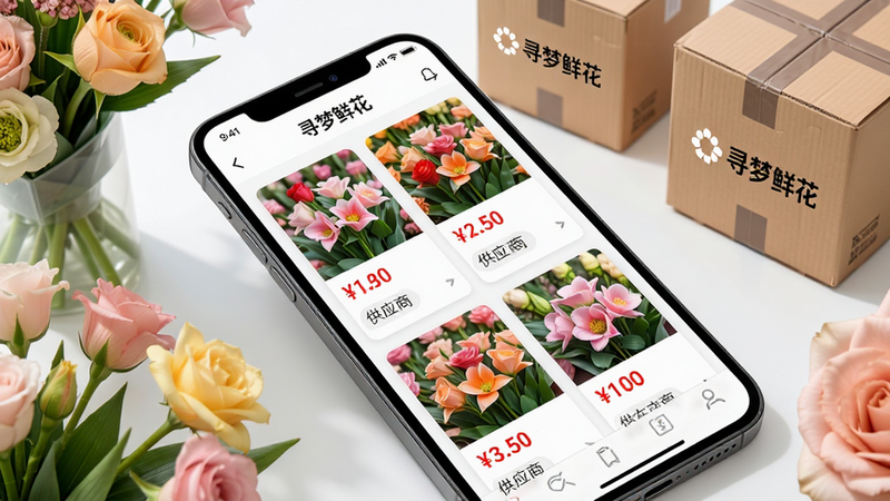 主体:智能手机屏幕放大展示“寻梦鲜花”供应商列表页,页面中排列着不同花材的卡片,每张卡片有花材图片、价格和供应商名称。布局:手机斜放,周围环绕鲜花和物流箱。排版:界面列表清晰,价格用红色字体突出。风格:商业实用风格,明亮通透。细节:屏幕上有“寻梦鲜花”字样,花材新鲜饱满,物流箱上印有“寻梦鲜花”logo。画质:高清,干净,无多余元素。