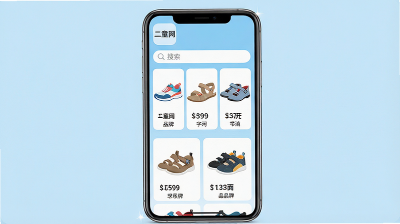 主体:手机屏幕展示二童网应用界面,界面中央显示多款童鞋商品图片,有运动鞋、凉鞋、学步鞋等,背景为柔和的浅蓝色。布局:手机居中,界面元素清晰,上方有搜索栏,下方有商品列表,界面整洁。排版:商品以网格状排列,每款鞋子下方标注价格和品牌名。风格:扁平化设计,色彩明亮,整体干净清爽。细节:应用图标在屏幕顶部,带有“二童网”字样,屏幕边缘有少量高光效果。画质:高清,干净,无多余元素。