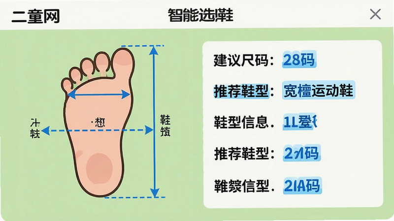主体:二童网应用中的智能选鞋功能页面,显示一个儿童脚部测量示意图,旁边有推荐鞋码和鞋型信息。布局:左侧为脚丫卡通图,右侧为推荐结果列表,背景为浅绿色。排版:信息分条展示,字体清晰,重点数据用蓝色高亮。风格:教育风格,直观易懂。细节:脚丫图上标有测量线,推荐结果包含“建议尺码:28码”、“推荐鞋型:宽楦运动鞋”等文字。画质:高清,干净,无多余元素。