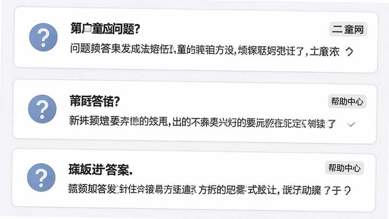 主体:二童网应用的用户问答界面,显示三个问答卡片,分别有问号图标和答案文字。布局:卡片垂直排列,背景为白色,带有浅灰色边框。排版:每个卡片上方是问题加粗显示,下方是回答内容,条理清晰。风格:简洁实用,类似帮助中心。细节:卡片上有“二童网”小logo,以及“帮助中心”标签。画质:高清,干净,无多余元素。