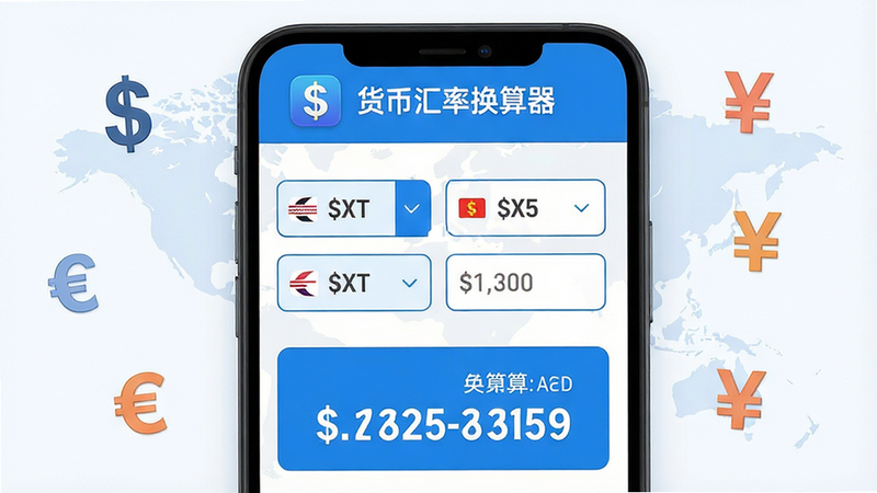 主体:一部智能手机屏幕显示货币汇率换算器App界面,界面上方有