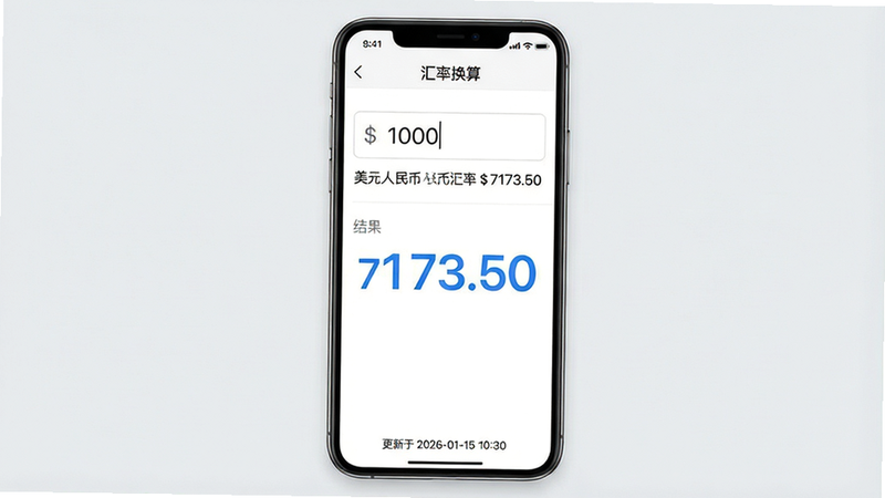 主体:一部智能手机显示货币汇率换算器App的换算结果页面,金额输入框显示