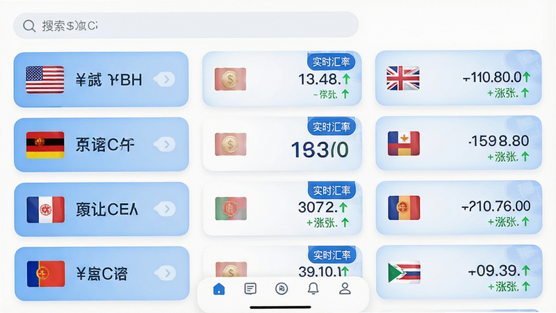 主体:货币汇率换算器App的汇率列表页面,显示多国货币汇率卡片,卡片上标有