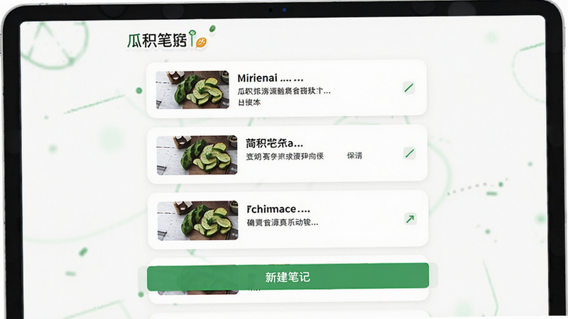 瓜积笔记功能界面,展示一个简单的笔记列表,每条笔记以卡片形式显示,包含标题和缩略图,底部有“新建笔记”按钮,背景为白色,搭配绿色点缀,整体风格干净明亮,画质高清,布局有序,无多余元素