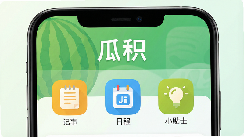 瓜积应用主界面展示,采用扁平化设计风格,以清新的绿色和白色为主色调,主屏幕上方显示“瓜积”中文字样,下方排列着“记事”、“日程”、“小贴士”等彩色功能图标,背景为干净的浅色渐变,整体布局简洁明快,无多余元素,画质高清,细节丰富,风格现代,适合作为应用商店预览图