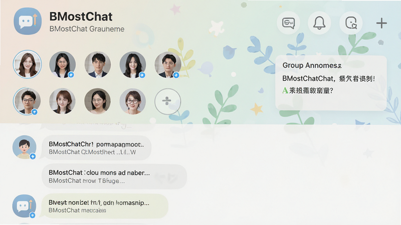 ���壺BMostChatȺ��������棬��ʾȺ���ơ���Ա�б���Ⱥ�����������֣���Ļ�Ϸ�ΪȺ��Ϣ���·�Ϊ��Ϣ�����������š��Ű棺Ⱥ��Աͷ���������У��С�BMostChat��Ⱥ���ʶ����񣺱�ƽ����ƣ�ɫ����͡����ʣ����壬�ɾ����޶���Ԫ�ء�