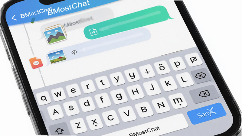 ���壺BMostChatӦ�õ���Ϣ���ͽ��棬��ʾ���̺ͷ��Ͱ�ť����Ϣ�б�����ͼƬ���ļ�ͼ�ꡣ���֣��ֻ���Ļ��д��������࣬ͻ����Ϣ�Ķ����Ժͷ��͹��̡��Ű棺��Ϣ�����������룬�С�BMostChat����ʶ�����дʵ��廭��ϣ�ɫ�ʻ��á����ʣ����壬�ɾ����޶���Ԫ�ء�