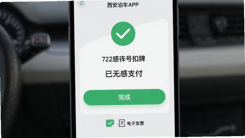 主体:西安泊车APP的无感支付成功页面。布局:中央显示车牌号和扣费金额,下方有“完成”按钮。排版:简洁明了,突出支付成功状态。风格:清爽的绿色对勾图标,背景为浅灰色。细节:显示“已无感支付”字样,附有电子发票入口。画质:干净,无多余元素。