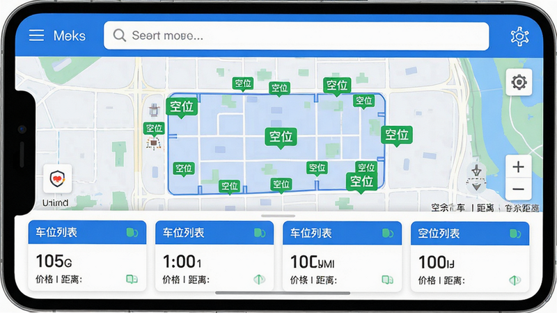主体:西安泊车APP界面截图,展示实时停车地图和空余车位标记。布局:上方为搜索栏,中间为地图,底部为车位列表卡片。排版:清晰的信息层级,地图占主要区域,卡片整齐排列。风格:现代扁平化设计,蓝白主色调。细节:地图上标有绿色“空位”标签,卡片显示价格和距离。画质:高清,干净,无多余元素。
