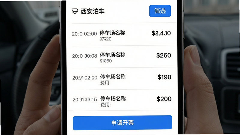 主体:西安泊车APP的停车记录列表页面。布局:按时间倒序排列,每条记录显示日期、停车场名称、费用。排版:列表式布局,每行清晰分割。风格:白色背景,黑色文字,蓝色强调。细节:顶部有“筛选”按钮,底部有“申请开票”按钮。画质:干净,无多余元素。