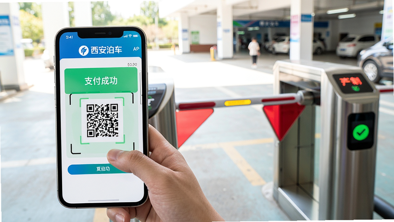 主体:用户正在使用西安泊车APP扫描停车场二维码缴费。布局:左侧为手机屏幕显示缴费界面,右侧为停车场出口闸机。排版:突出扫码动作,手机屏幕有“支付成功”字样。风格:写实摄影风格,明亮光线。细节:手机屏幕显示“西安泊车”logo,闸机抬杆。画质:高清,干净,无多余元素。