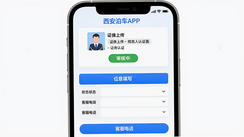 主体:西安泊车APP的残疾人认证页面。布局:上方为证件上传区域,下方为信息填写表格。排版:清晰的引导步骤,按钮颜色醒目。风格:简洁无障碍设计,字体较大。细节:显示“审核中”状态,有客服电话。画质:干净,无多余元素。