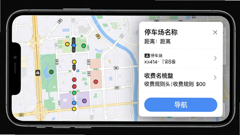主体:手机屏幕展示西安泊车APP的实时车位查询界面。布局:左侧为地图,右侧为停车场信息弹窗。排版:弹窗内显示停车场名称、距离、空位数、收费规则。风格:简洁实用,信息密度高。细节:地图上彩色圆点标记不同状态,弹窗底部有“导航”按钮。画质:清晰锐利,无多余元素。