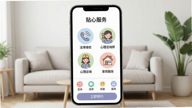 主体:手机屏幕展示“齐鲁女性”APP的服务功能页面,页面有“法律维权”、“心理咨询”、“家政服务”等图标。布局:手机竖屏展示,屏幕下方有功能图标排列,背景为简约的室内环境,有沙发和绿植。排版:页面顶部为“贴心服务”标题,下方为两排圆形图标,每个图标下方有文字标注。风格:清新简约,图标设计可爱,色彩柔和。细节:图标分别代表不同服务,如咨询电话、心理咨询师、家政人员等,屏幕下方有“立即预约”按钮。画质:高清,明亮干净,无多余元素。