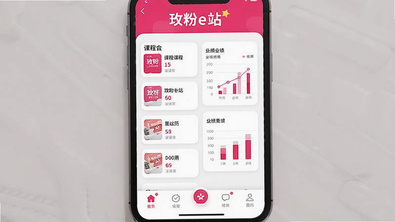 ��������Ϊһ�������ֻ���Ļ��ʾõ��eվ�����棬������õ��ɫ�Ͱ�ɫΪ��ɫ���������С�õ��eվ��Ʒ���������м�չʾ�γ��б���ҵ��ͼ�����ײ����������������岼�ּ���ִ�����ƽ����Ʒ�񣬽���ϸ��Բ�󣬻��������ɾ����޶���Ԫ�ء�