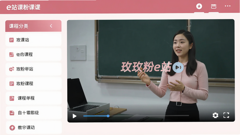 ��������Ϊõ��eվ�γ�ѧϰҳ�棬����ǿγ̷����б����Ҳ�չʾһ�����ڲ��ŵ���Ƶ�γ̣���Ƶ����Ϊ��ʦ�ڿγ�������Ļ���С�õ��eվ��ˮӡ����������������������ɫ����ͣ�ע�ع����Ժ������ԣ����ʸɾ����޶���Ԫ�ء�