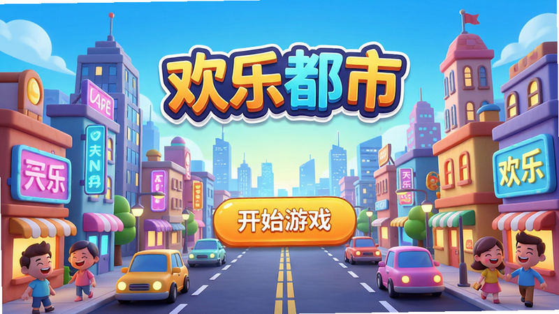 ���壺���ֶ���APP�������棬չʾһ��������3D��ͨ����ȫ������¥�������޺���˸���ֵ���С�����У����˻�Ц�����֣���������ΪAPPlogo�����ֶ��С������֣��·��С���ʼ��Ϸ����ť���Ű棺logo�����Ϸ�����֮һ������ť���У�����Ϊ��������ߡ����������ͨ��Ⱦ��ɫ�����ޣ�ϸ�ڷḻ���������������ʣ����壬�ɾ����޶���Ԫ�ء�