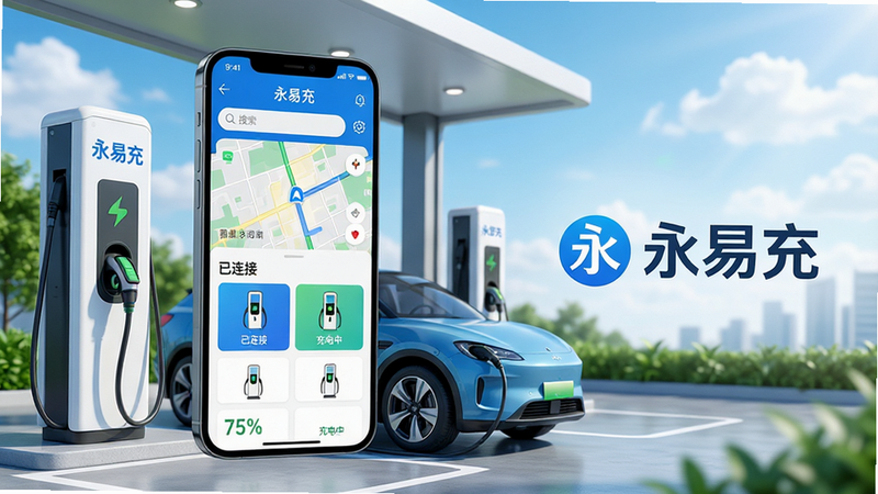 主体:手机屏幕展示“永易充”APP界面,背景为现代化城市充电站,一辆新能源汽车正在充电,屏幕中显示地图导航与充电桩列表。布局:手机位于画面中央偏左,右侧留白可放置文字“永易充”LOGO,整体构图平衡。排版:界面元素清晰,有搜索栏、充电桩卡片、电量百分比等UI组件,排列整齐。风格:科技感、扁平化、明亮色彩,主色调为蓝色与白色,符合新能源绿色环保理念。细节:充电桩上印有“永易充”字样,屏幕中显示“已连接”、“充电中”等状态,背景有蓝天白云与绿色植被。画质:8K超清,细节丰富,干净无多余元素。