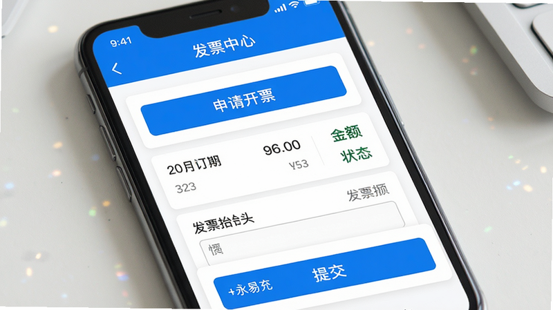 主体:手机屏幕显示“发票中心”界面,有“申请开票”按钮和订单列表。布局:界面简洁,顶部为标题栏,下方为订单卡片,底部有“提交”按钮。排版:文字清晰,按钮醒目,配色为蓝色主题。风格:商务风,界面干净。细节:屏幕上显示“永易充”字样,订单列表包含日期、金额、状态,底部有“发票抬头”填写框。画质:高清,无多余元素。