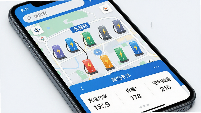 主体:手机地图界面展示充电桩分布,不同颜色的图标代表不同状态,下方有筛选条件栏。布局:地图占屏幕大部分,底部弹出详情卡片,左上角有搜索框。排版:图标大小适中,标签清晰,筛选栏横向排列,布局紧凑。风格:科技蓝风格,线条简洁,信息层级分明。细节:地图上显示“永易充”品牌标识,充电桩图标带有闪电符号,卡片显示充电功率、价格、空闲数量。画质:高清,画面干净,无多余元素。