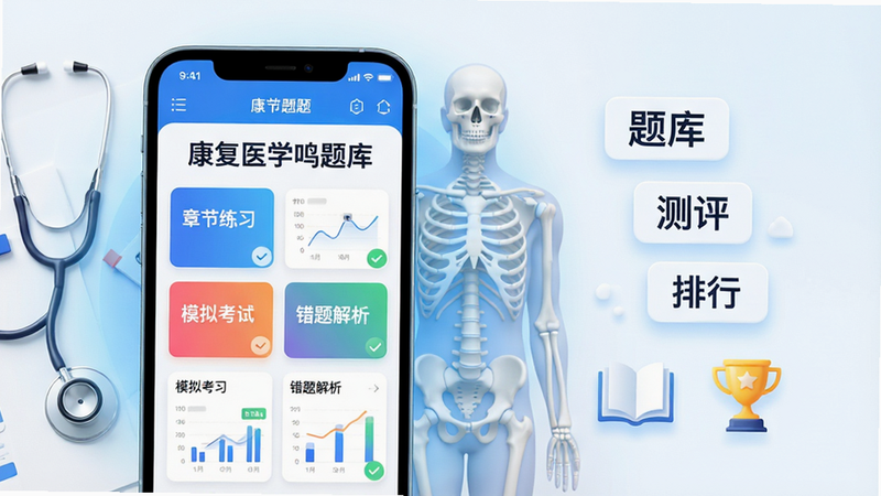 ���壺һ��������Ļ�������ֻ���չʾ������ҽѧ����⡱APP�����棬��Ļ��������ʾ���½���ϰ������ģ�⿼�ԡ���������������Ȳ�ɫ����ģ�飬�����������������������ģ�͵�ҽ��Ԫ�أ����֣��ֻ�����ƫ���Ҳ��������������š���⡱�����������������С����������·������鱾�ͽ���ͼ�꣬�����������£��Ű棺���ñ�ƽ����Ϣ�㼶�����������Կ�Ƭʽ���У������⡰����ҽѧ����⡱������Ļ�Ϸ����룬�ֺ���Ŀ����ɫ������Ϊ��������ִ�ҽ�ƿƼ��磬�ɾ�����������΢�����ʸУ�ϸ�ڣ��ֻ���Ļ��ͼ��������������������͵�ǳ��ɫ������Σ�������⿨Ƭ���жԹ���ǣ����ʣ�������Ⱦ������ɾ��޶���Ԫ�ء�