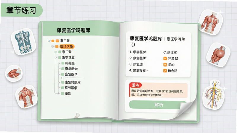 ���壺һ�������ĵ�����ҳ�棬����ǡ�����ҽѧ����⡱�½��б����Ҳ���ʾһ��ѡ���⼰��ѡ����ȷ�𰸣�ҳ��ײ��С���������ť�����֣�����������ڻ������룬��Χ�����Ź��������⡢�񾭵ȿ���ҽѧСͼ�꣬���Ͻ��С��½���ϰ����ǩ���Ű棺����б�����״Ŀ¼���֣��Ҳ���Ŀ������ÿ�Ƭʽ��ƣ�ѡ���������У�������Ϣ�㼶��������񣺽���ѧϰ��APP��������ˬ���ǳ�����ɫ���䣬��׺��ɫ������ϸ�ڣ����������к�ɫ���ص㡱������ǣ�ҳ���Ե����΢��ҳ��Ӱ������Ϊ����ɫ���񣻻��ʣ��߷ֱ��ʣ��ɾ����࣬�޶���Ԫ�ء�