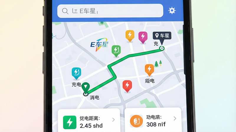 主体:智能手机屏幕特写,显示“E车星”应用的充电地图界面,地图上有多个不同颜色的充电站图标,一条绿色路线连接当前位置与目的地。布局:手机屏幕居中,占据画面主体,周围是柔和的浅色背景。排版:地图界面清晰,路线标记醒目。风格:扁平化设计,简洁直观。细节:屏幕顶部显示搜索栏,底部有充电站信息卡片,显示距离和功率。画质:高清,色彩鲜艳,干净,无多余元素。